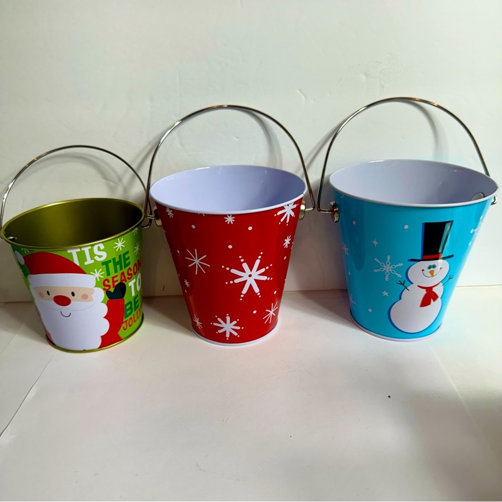 Set of 3 holiday pails. These small Christmas decorated holiday buckets pails